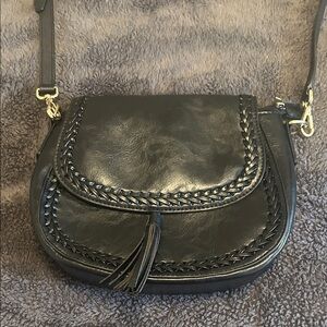 Black Woven Trim Crossbody Bag with Tassel